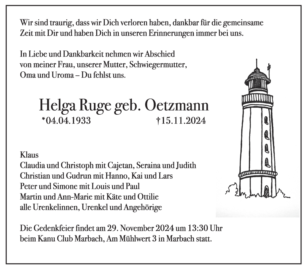  Traueranzeige für Helga Ruge vom 25.11.2024 aus Marbacher Zeitung