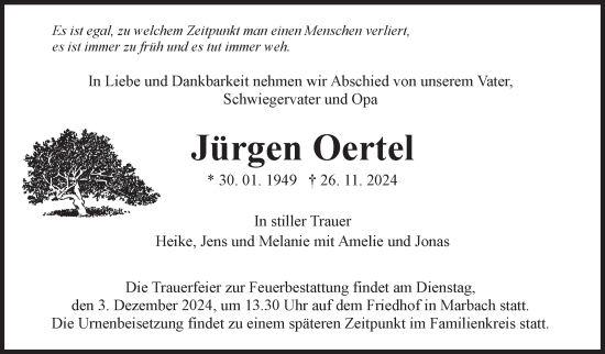 Traueranzeige von Jürgen Oertel von Marbacher Zeitung