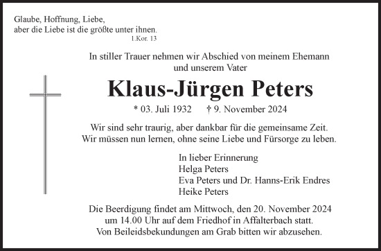 Traueranzeige von Klaus-Jürgen Peters von Marbacher Zeitung