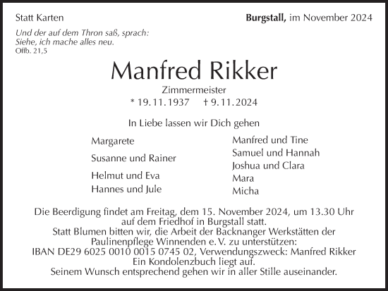 Traueranzeige von Manfred Rikker von Marbacher Zeitung