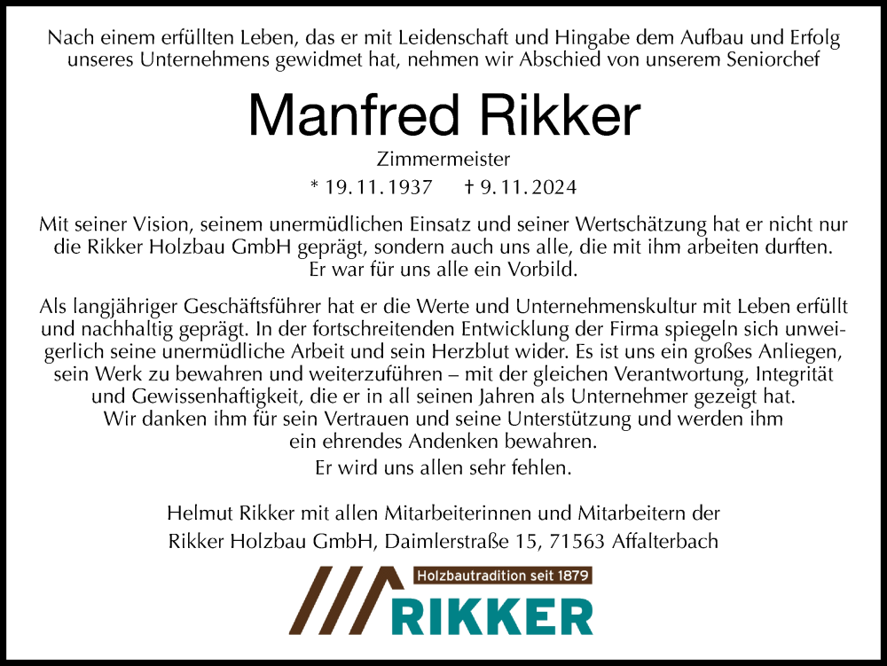  Traueranzeige für Manfred Rikker vom 13.11.2024 aus Marbacher Zeitung