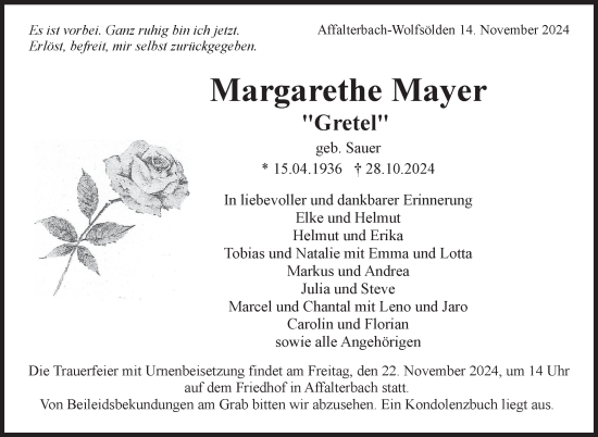 Traueranzeige von Margarethe Mayer von Marbacher Zeitung