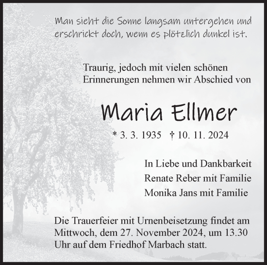 Traueranzeige von Maria Ellmer von Marbacher Zeitung