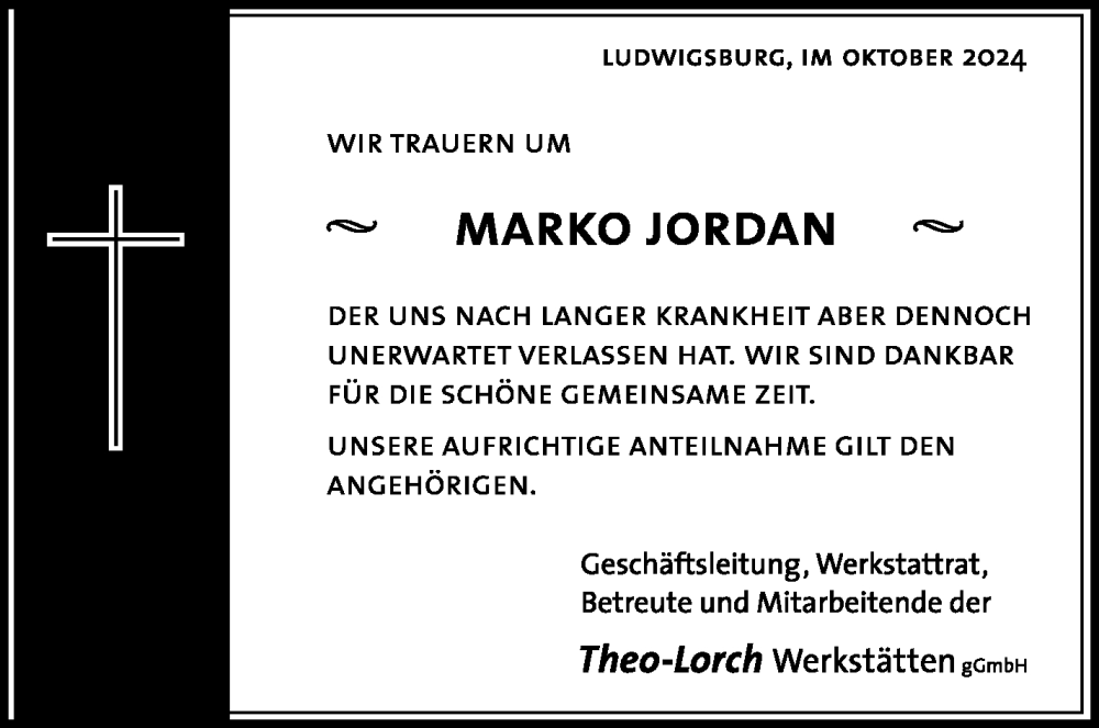  Traueranzeige für Marko Jordan vom 25.10.2024 aus Marbacher Zeitung