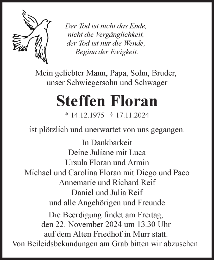  Traueranzeige für Steffen Floran vom 21.11.2024 aus Marbacher Zeitung