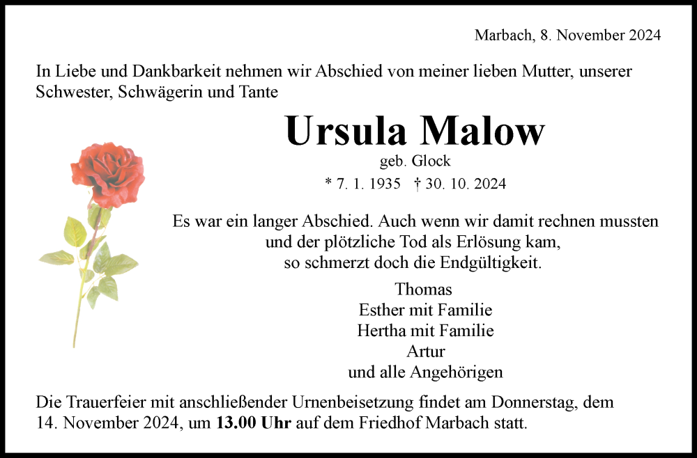  Traueranzeige für Ursula Malow vom 08.11.2024 aus Marbacher Zeitung