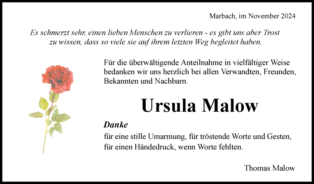  Traueranzeige für Ursula Marlow vom 28.11.2024 aus Marbacher Zeitung