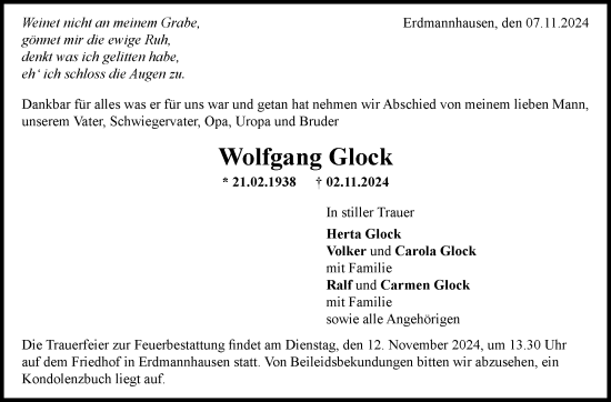 Traueranzeige von Wolfgang Glock von Marbacher Zeitung