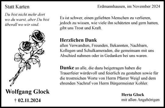 Traueranzeige von Wolfgang Glock von Marbacher Zeitung