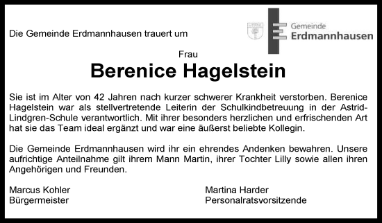 Traueranzeige von Berenice Hagelstein von Marbacher Zeitung