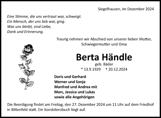Traueranzeige von Berta Händle von Marbacher Zeitung