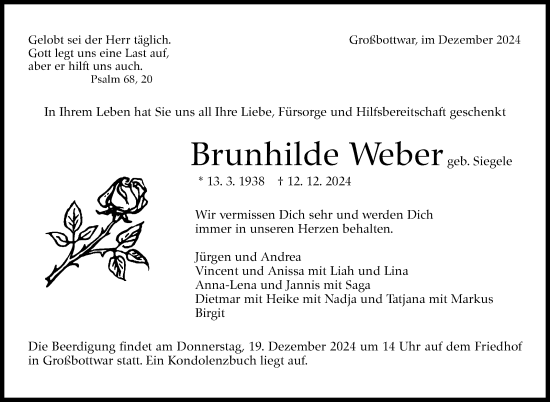 Traueranzeige von Brunhilde Weber von Marbacher Zeitung
