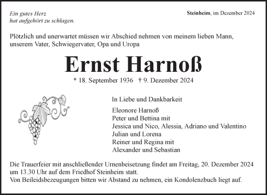 Traueranzeige von Ernst Harnoß von Marbacher Zeitung