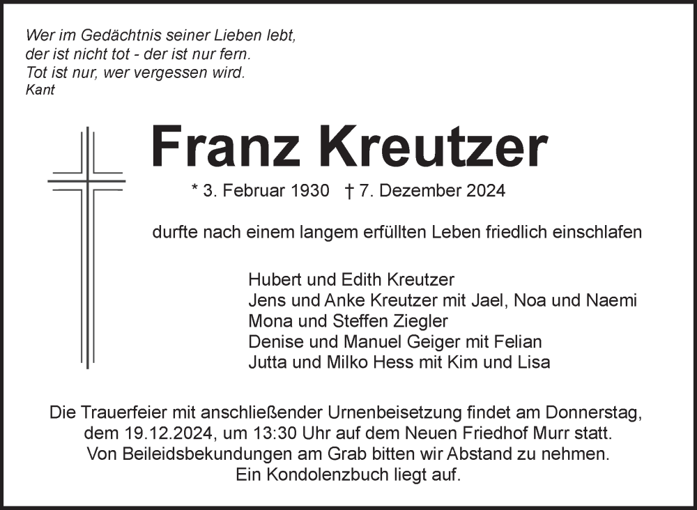  Traueranzeige für Franz Kreutzer vom 13.12.2024 aus Marbacher Zeitung
