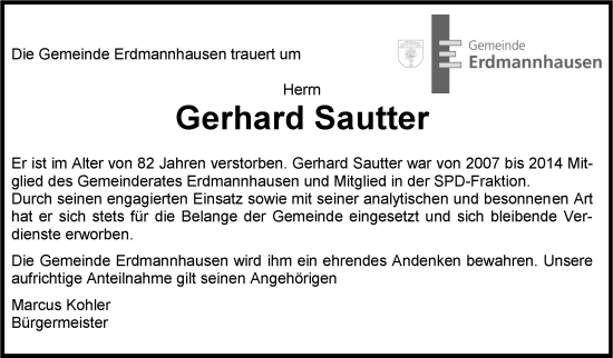 Traueranzeige von Gerhard Sautter von Marbacher Zeitung