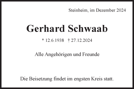 Traueranzeige von Gerhard Schwaab von Marbacher Zeitung