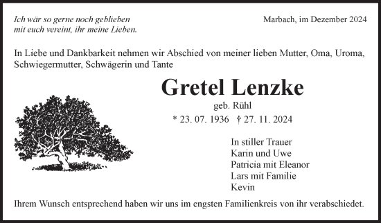 Traueranzeige von Gretel Lenzke von Marbacher Zeitung