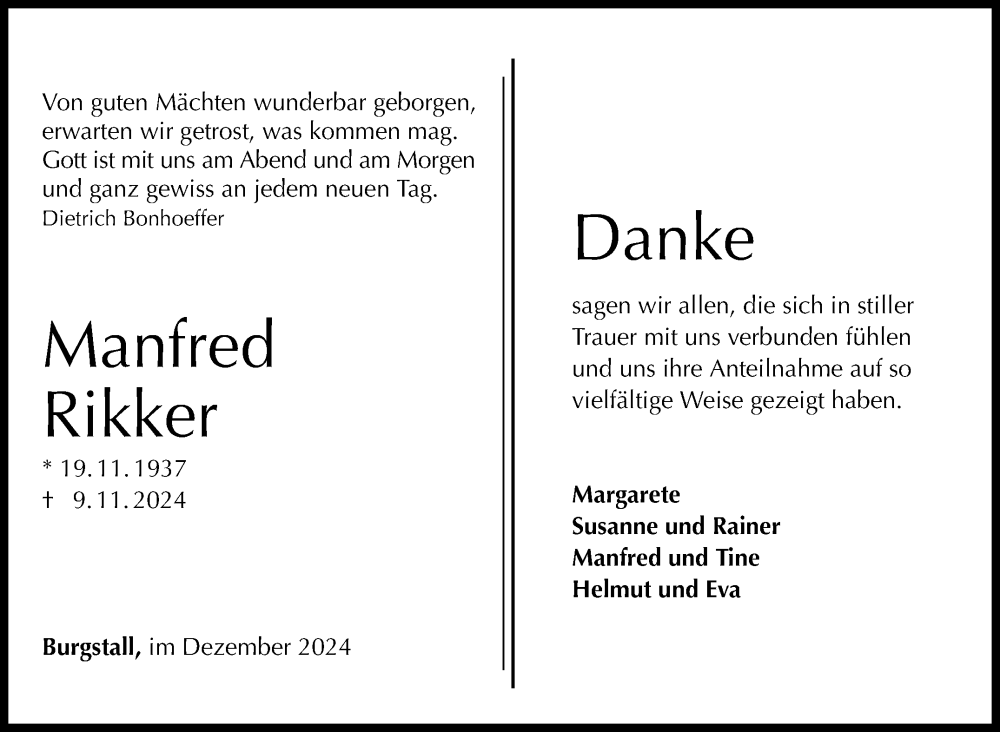  Traueranzeige für Manfred Rikker vom 16.12.2024 aus Marbacher Zeitung