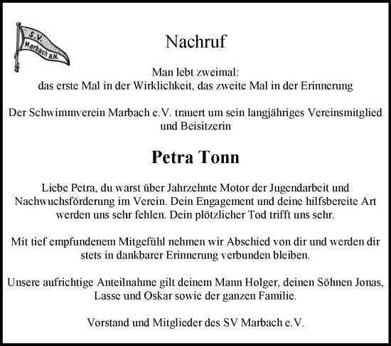 Traueranzeige von Petra Tonn von Marbacher Zeitung