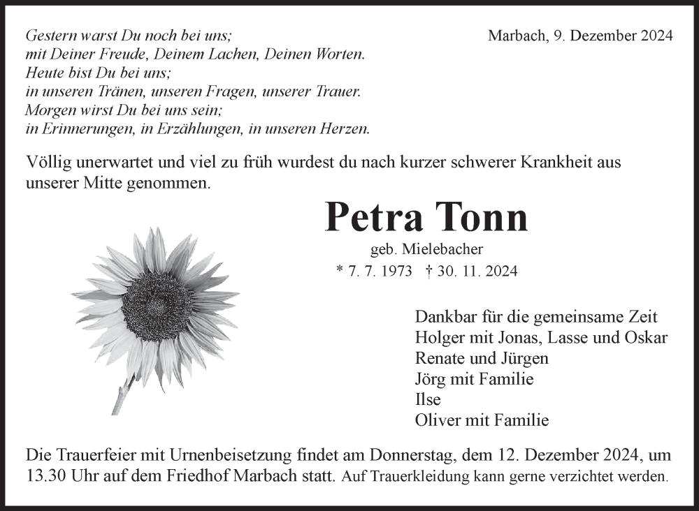  Traueranzeige für Petra Tonn vom 09.12.2024 aus Marbacher Zeitung