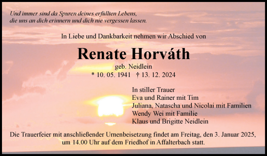 Traueranzeige von Renate Horvath von Marbacher Zeitung