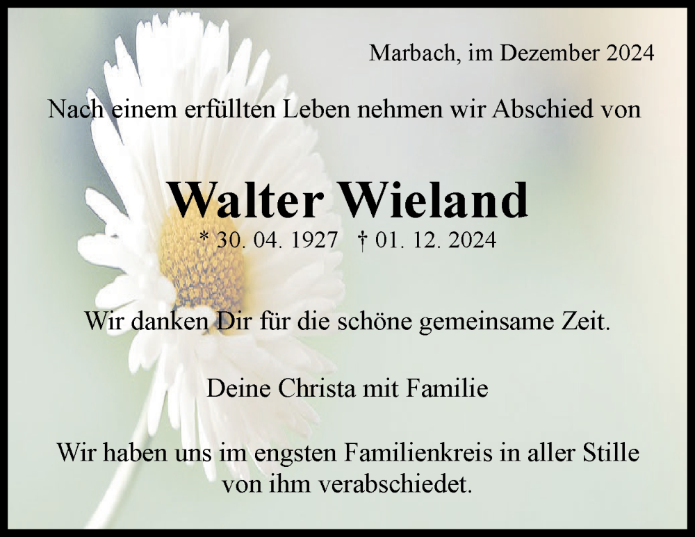  Traueranzeige für Walter Wieland vom 18.12.2024 aus Marbacher Zeitung