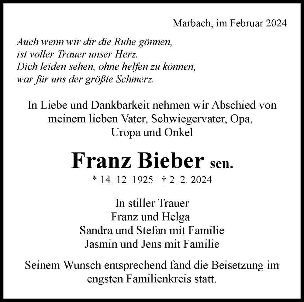  Traueranzeige für Franz Bieber vom 16.02.2024 aus Marbacher Zeitung
