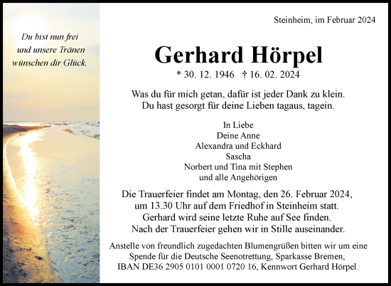 Traueranzeige von Gerhard Hörpel von Marbacher Zeitung