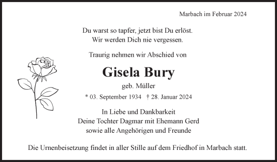 Traueranzeige von Giesela Bury von Marbacher Zeitung
