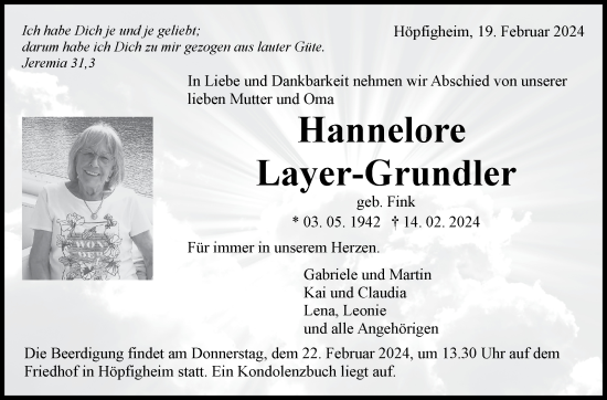 Traueranzeige von Hannelore Layer-Grundler von Marbacher Zeitung