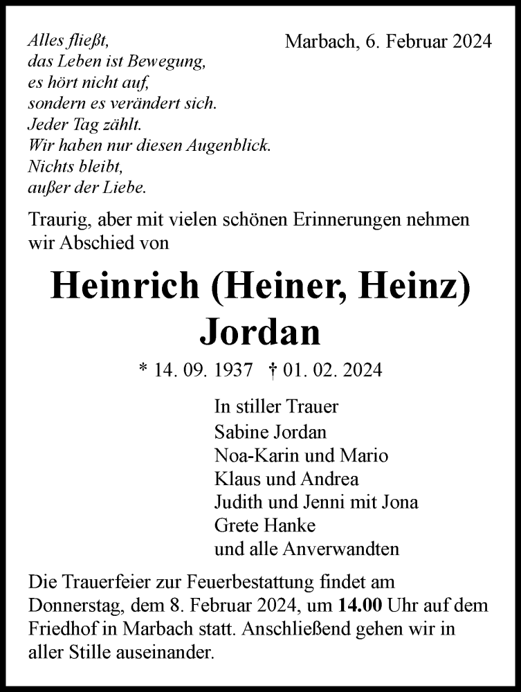  Traueranzeige für Heinrich Jordan vom 06.02.2024 aus Marbacher Zeitung