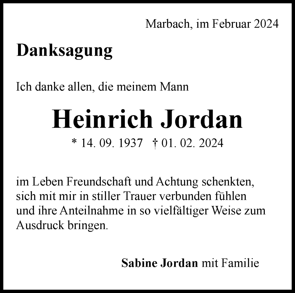  Traueranzeige für Heinrich Jordan vom 27.02.2024 aus Marbacher Zeitung