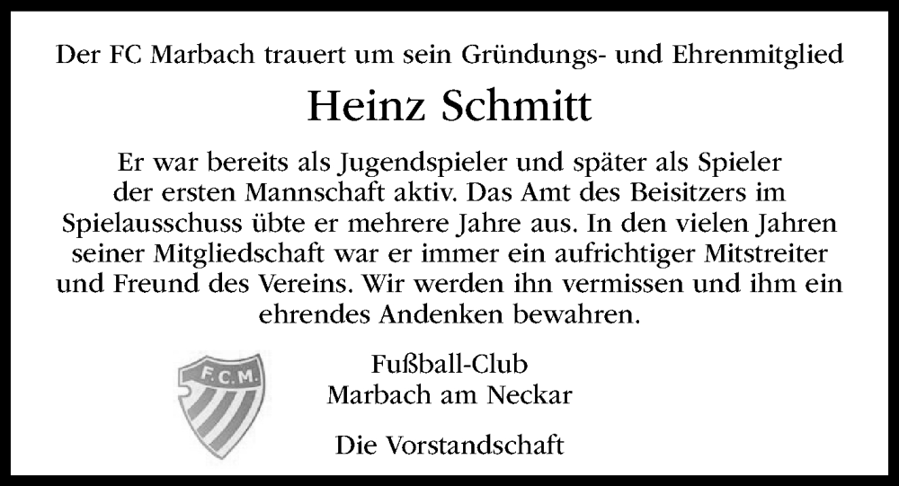  Traueranzeige für Heinz Schmitt vom 26.02.2024 aus Marbacher Zeitung