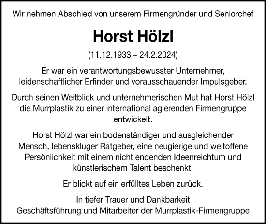 Traueranzeige von Horst Hölzl von Marbacher Zeitung