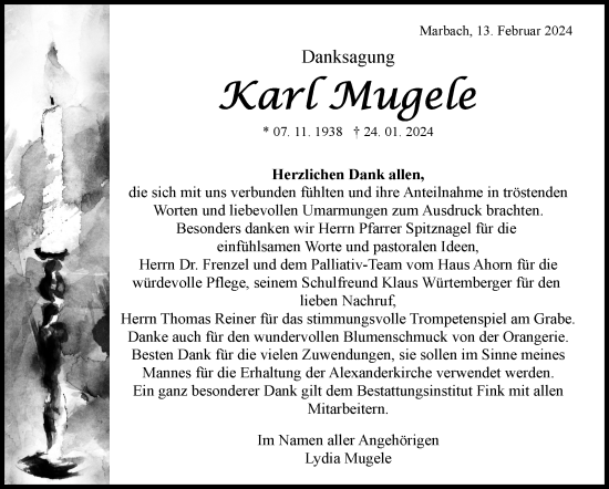 Traueranzeige von Karl Mugele von Marbacher Zeitung