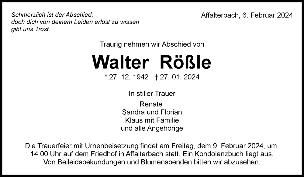  Traueranzeige für Walter Rößle vom 06.02.2024 aus Marbacher Zeitung