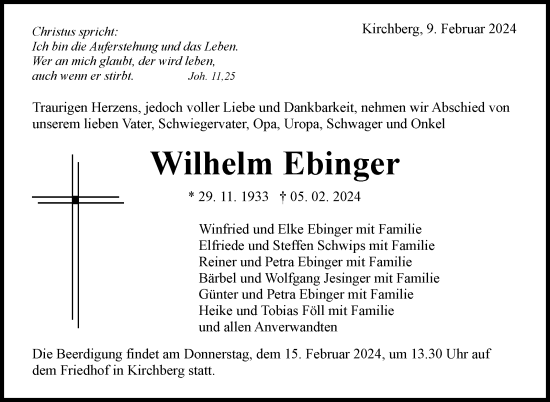 Traueranzeige von Wilhelm Ebinger von Marbacher Zeitung