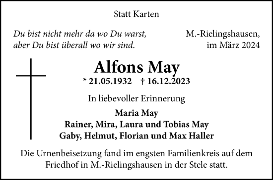 Traueranzeige von Alfons May von Marbacher Zeitung