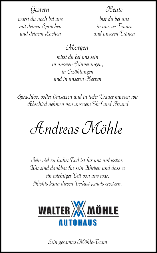 Traueranzeige von Andreas Möhle von Marbacher Zeitung