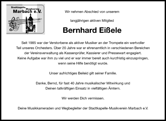 Traueranzeige von Bernhard Eißele von Marbacher Zeitung