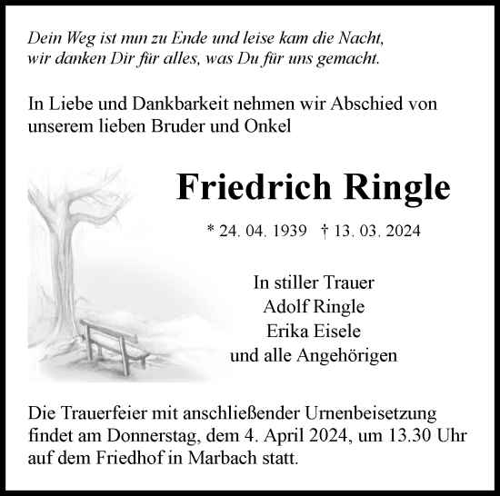 Traueranzeige von Friedrich Ringle von Marbacher Zeitung