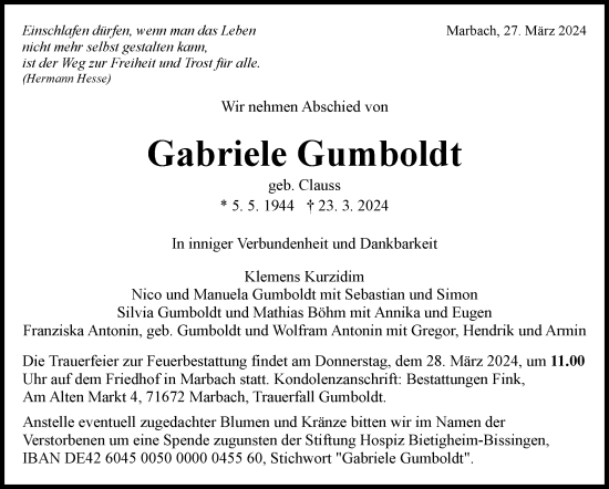 Traueranzeige von Gabriele Gumboldt von Marbacher Zeitung