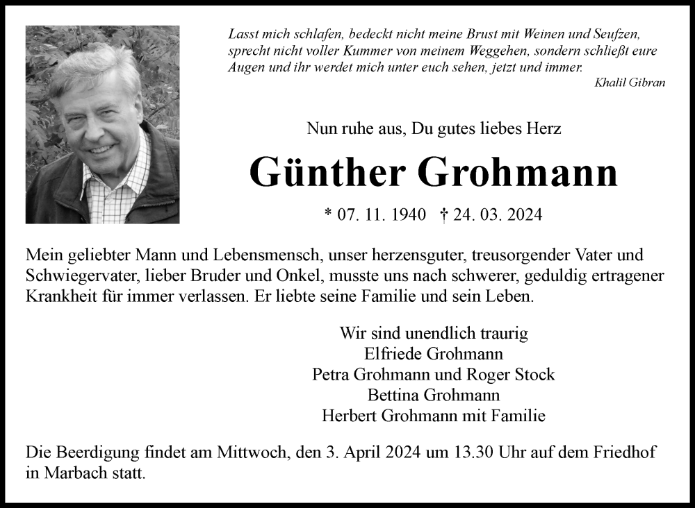  Traueranzeige für Günther Grohmann vom 28.03.2024 aus Marbacher Zeitung
