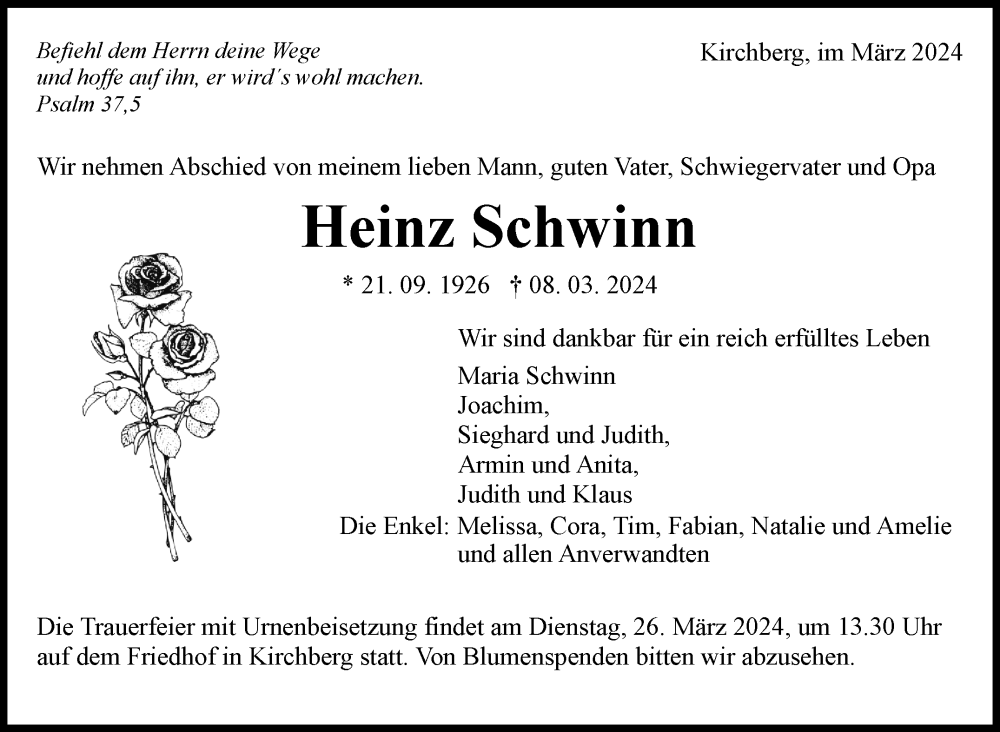  Traueranzeige für Heinz Schwinn vom 20.03.2024 aus Marbacher Zeitung