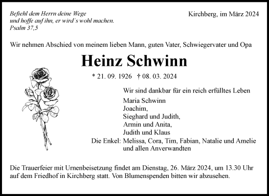 Traueranzeige von Heinz Schwinn von Marbacher Zeitung
