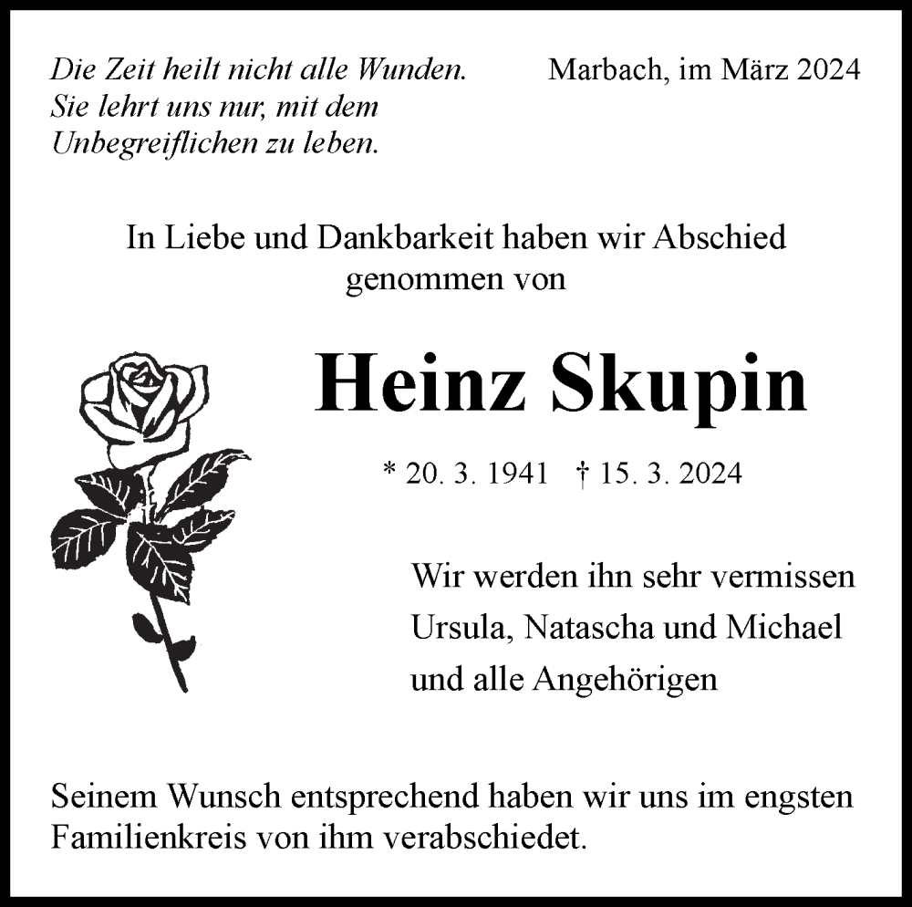  Traueranzeige für Heinz Skupin vom 28.03.2024 aus Marbacher Zeitung
