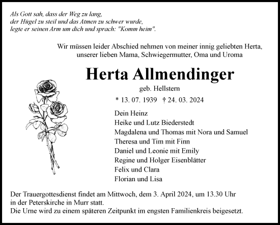 Traueranzeige von Herta Allmendinger von Marbacher Zeitung