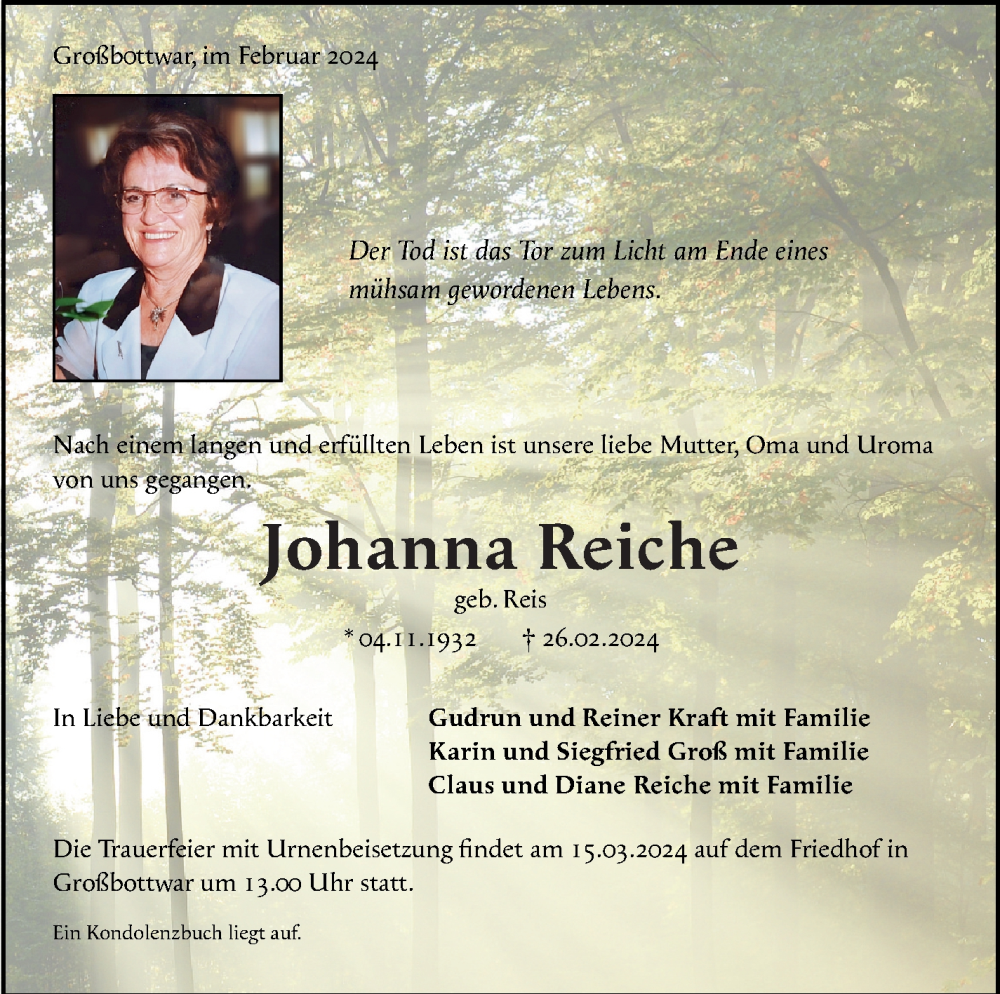  Traueranzeige für Johanna Reiche vom 08.03.2024 aus Marbacher Zeitung