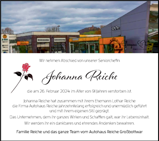 Traueranzeige von Johanna Reiche von Marbacher Zeitung