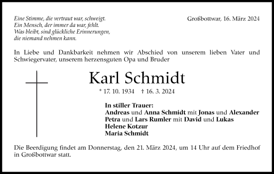 Traueranzeige von Karl Schmidt von Marbacher Zeitung